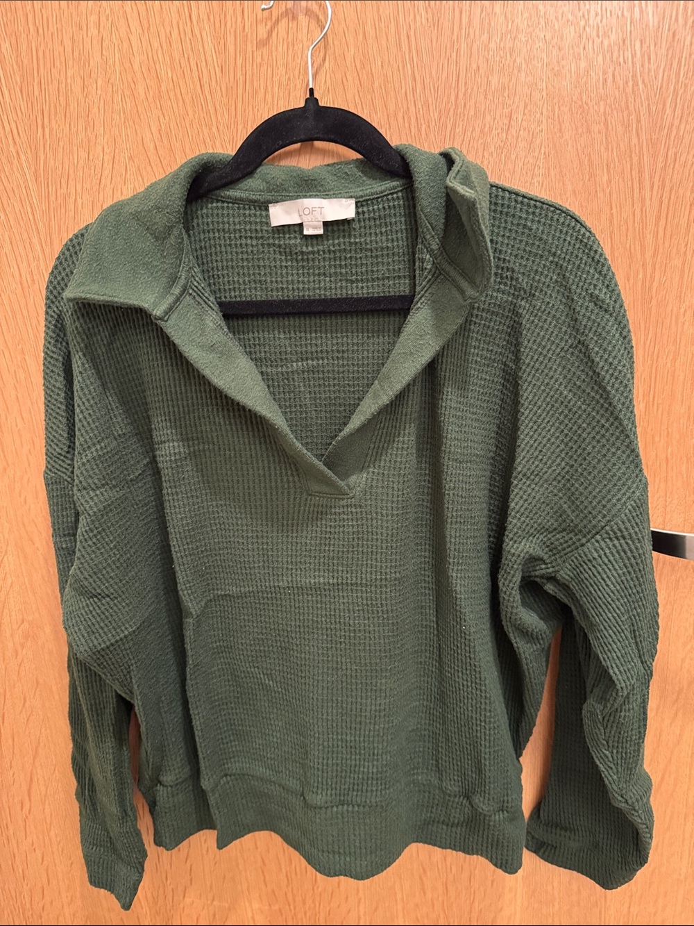 LOFT Olive Green Waffle-Knit V-Neck Hooded Sweater